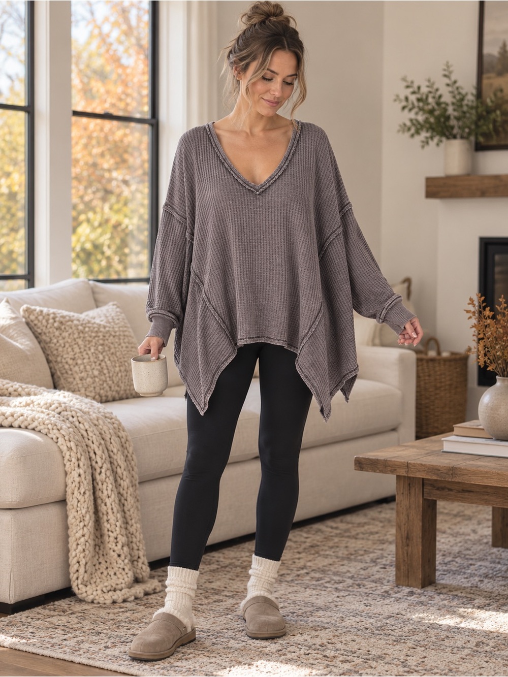Free People We The Free Waffle Knit Top SM Oversized V Neck Sharkbite Hem Greige